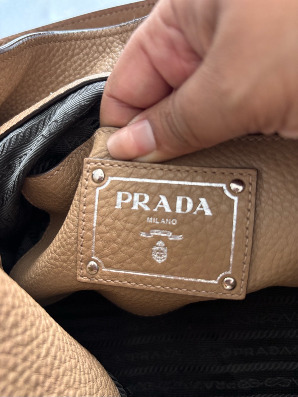 Prada Tan Pebbled Leather Shoulder Bag with Silver Grommet Hardware - Picture 6 of 8